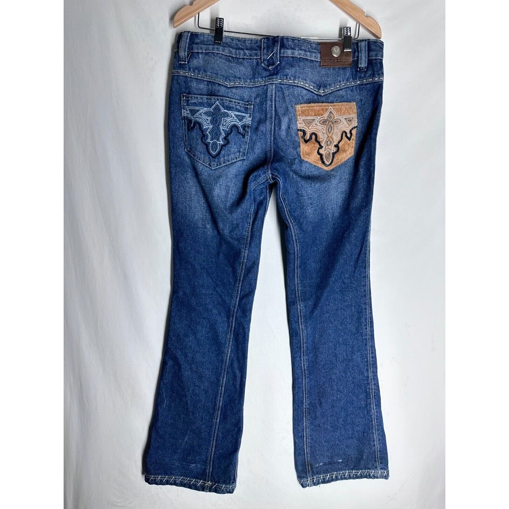 Antik Womens Denim Y2K Mid-Rise Blue Distress Patchwork Cow Girl Jeans Size 32 - Picture 2 of 10